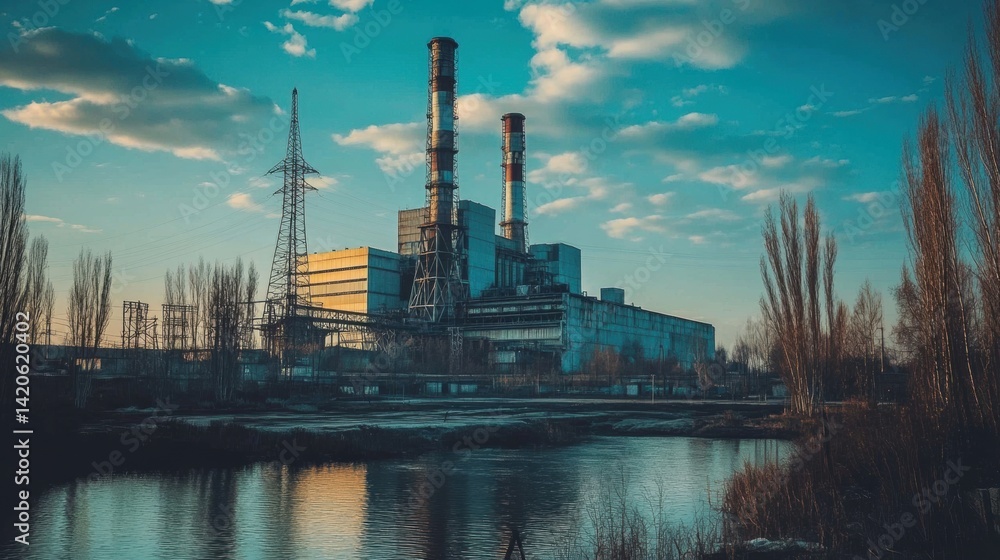 Naklejka premium Distant View of a Large Industrial Complex with Tall Chimneys by a Wide River Under a Partly Cloudy Teal Sky