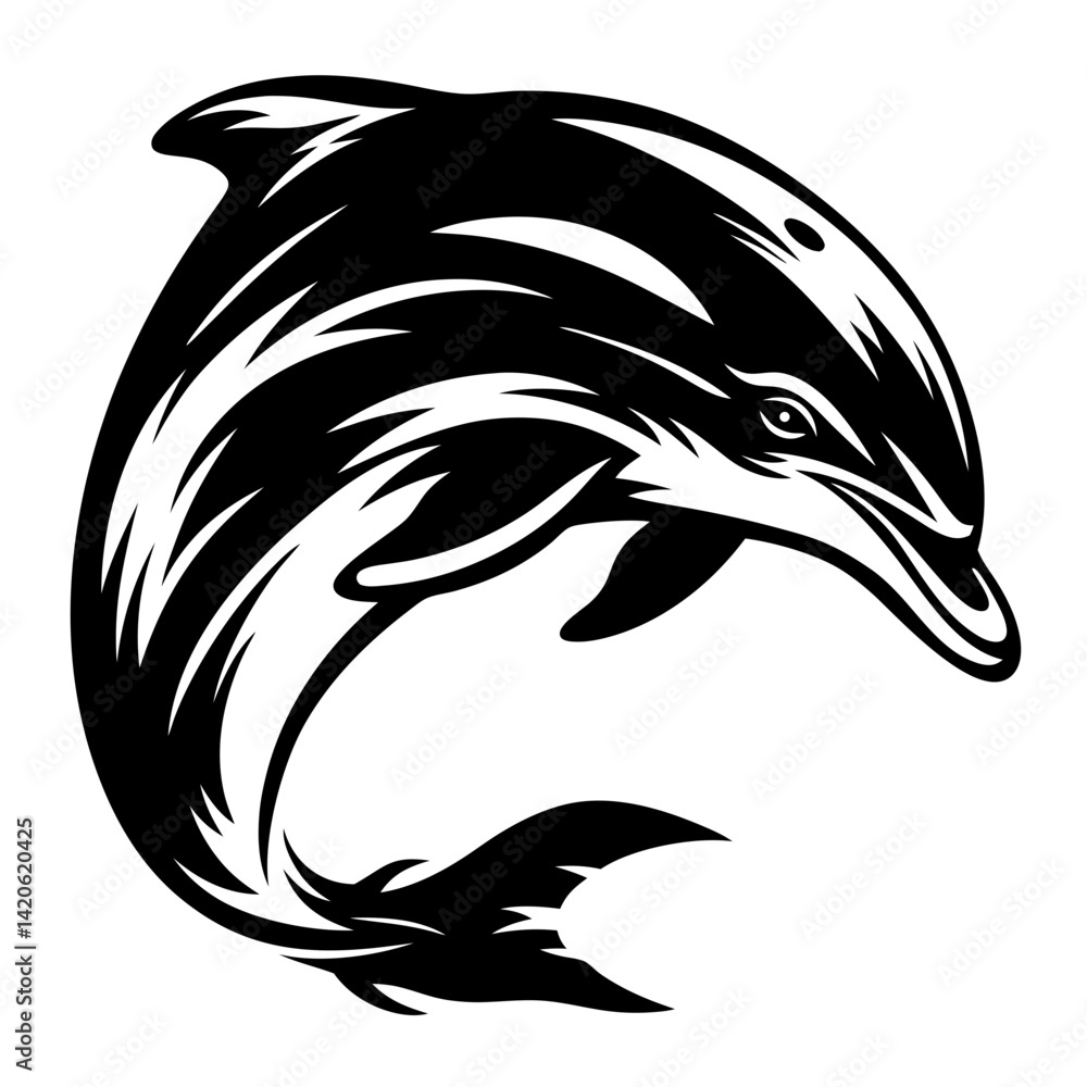 Naklejka premium Sleek Black and White Dolphin Emblem Leaping Upward with Graceful Curves
