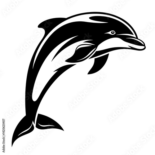 Dynamic black and white depiction of a leaping Bottlenose Dolphin