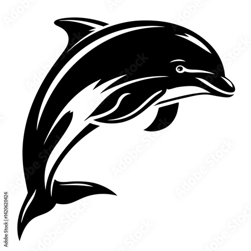 Black and white stylized dolphin jumping out of the water artwork