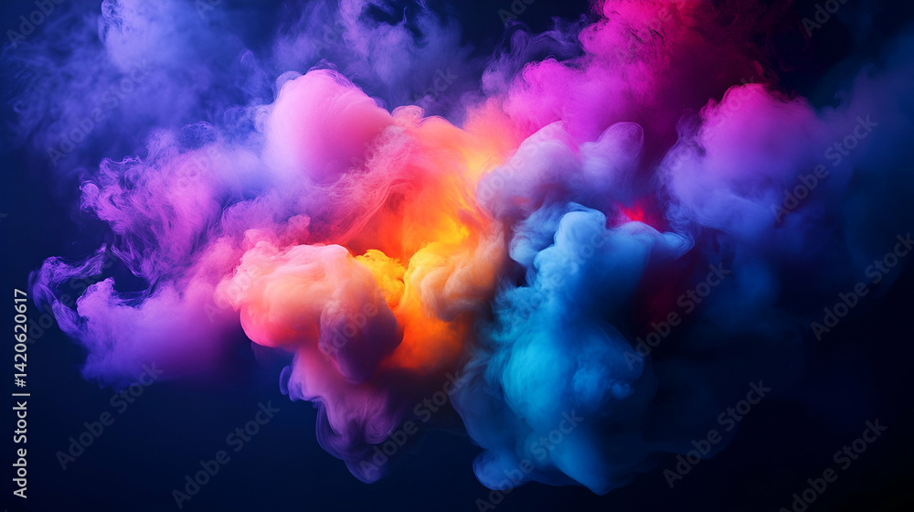 Fototapeta premium Colorful smoke explosion, dark background, abstract art, design element
