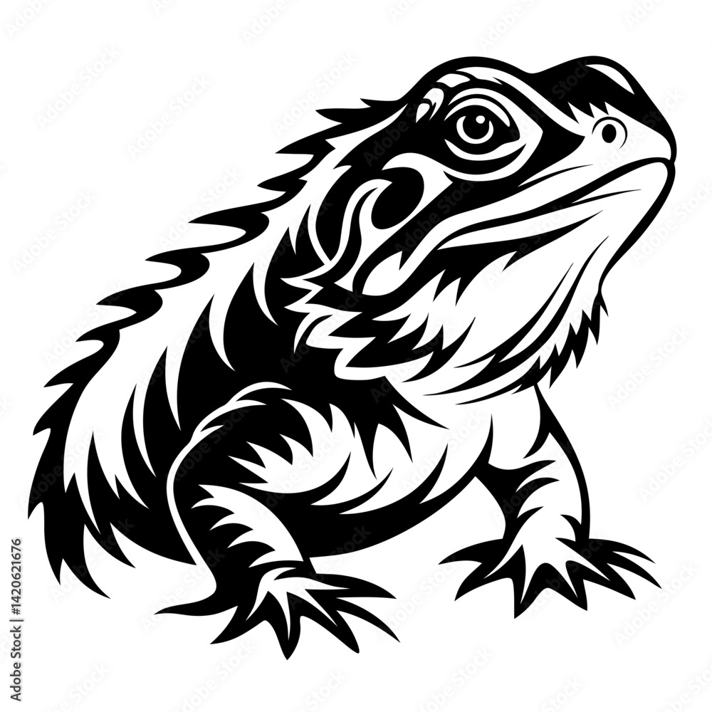 Fototapeta premium Striking Black and White Graphic Illustration of a Bearded Dragon Reptile