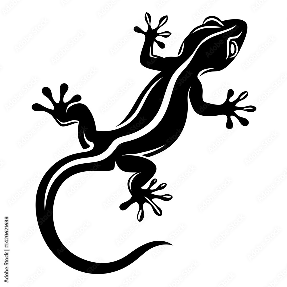 Fototapeta premium Black Silhouette of Gecko with Curved Tail and Sticky Pads Illustration