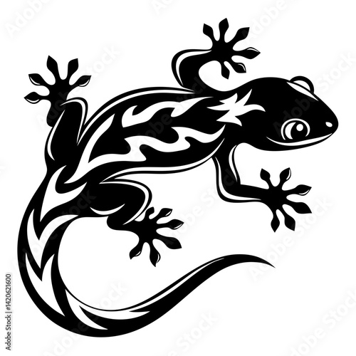Black and white illustration of a gecko with tribal style markings