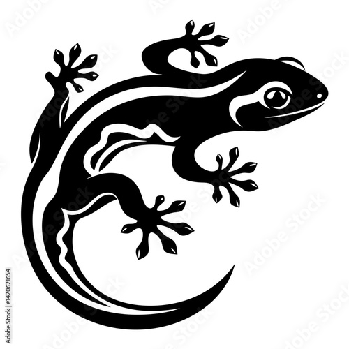 Black and white graphic rendering of a lizard curving on white background