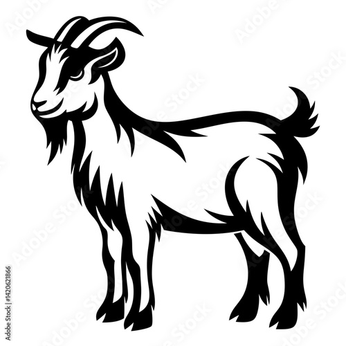 Black and White Graphic Illustration of a Standing Goat with Horns