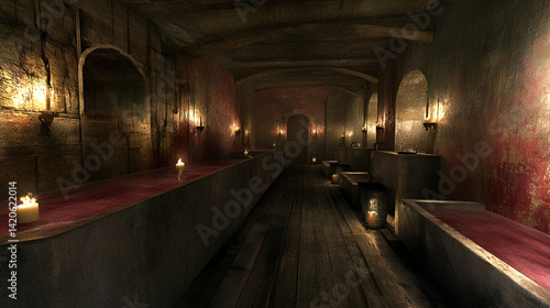 Medieval Hallway Candlelit interior, stone walls, wooden floor