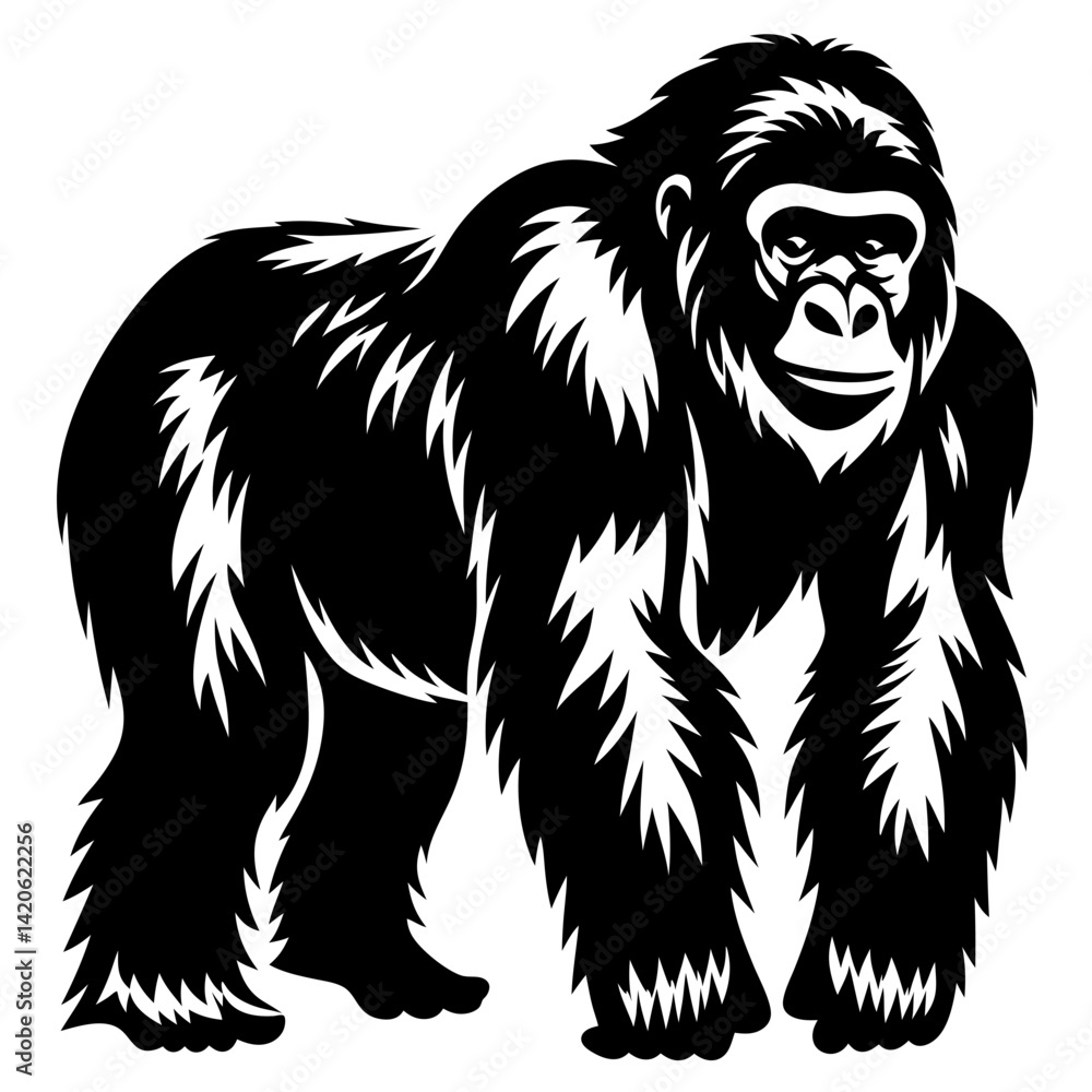Majestic gorilla standing tall in stark black and white illustration style Majestic gorilla standing tall in stark black and white illustration style
