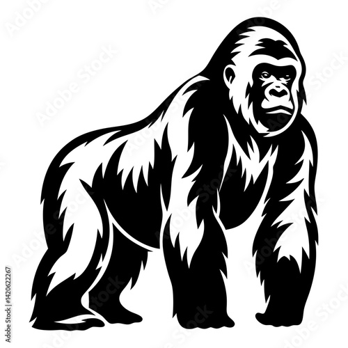 Bold monochrome gorilla graphic, standing in imposing silhouette on white backdrop