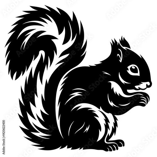 Stylized black and white squirrel image with bushy tail and tiny paws