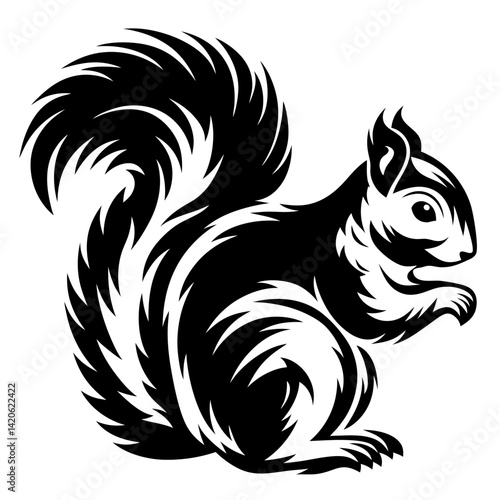 Black and white illustration of a squirrel with bushy tail holding nut