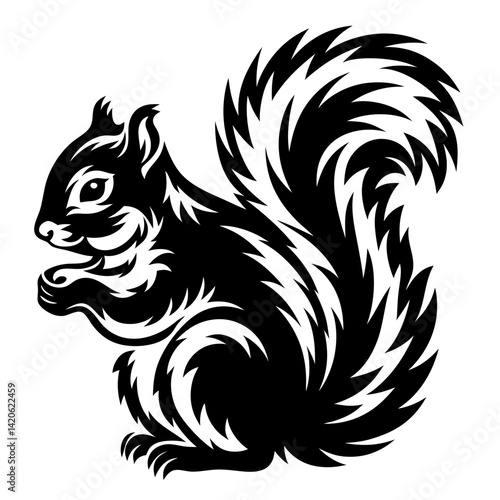Elegant black and white squirrel illustration with a highly stylized bushy tail