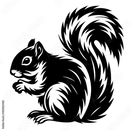 Black and white vector illustration of a cute squirrel holding food