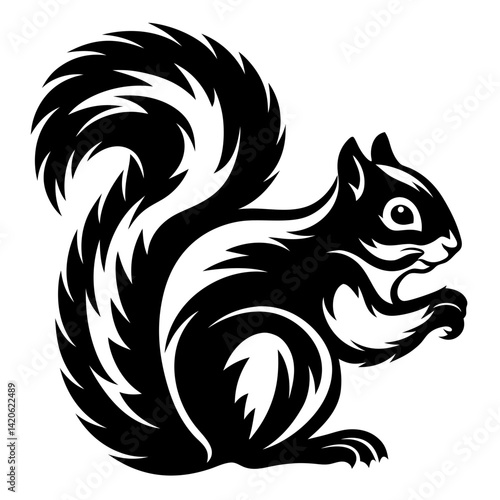 Stylized squirrel design in black and white with a bushy tail