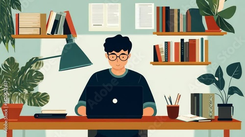 Man working on laptop at home office surrounded by books and plants illustration