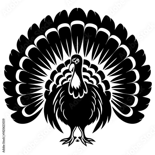 Monochrome drawing of a proud male turkey with spread tail feathers