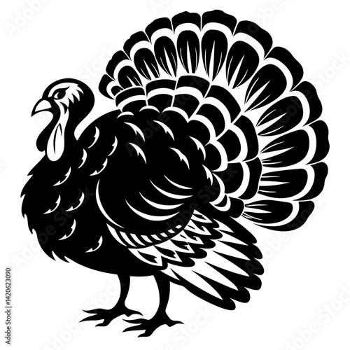 Black and White Turkey Silhouette with Detailed Feathers and Tail Fan