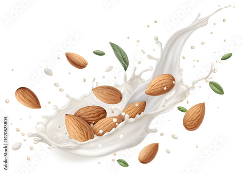 Almonds Splashing in Creamy Almond Milk – Isolated on White Background