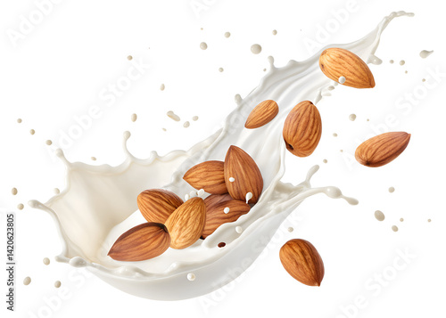 Almonds Splashing in Creamy Almond Milk – Isolated on White Background