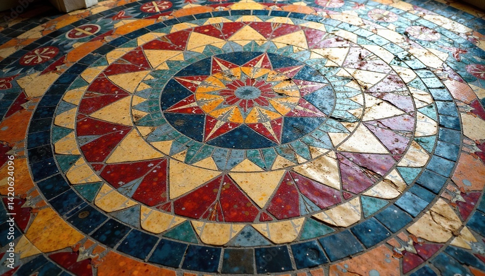 Fototapeta premium Intricate tile floor mosaic, geometric shapes, details, floor