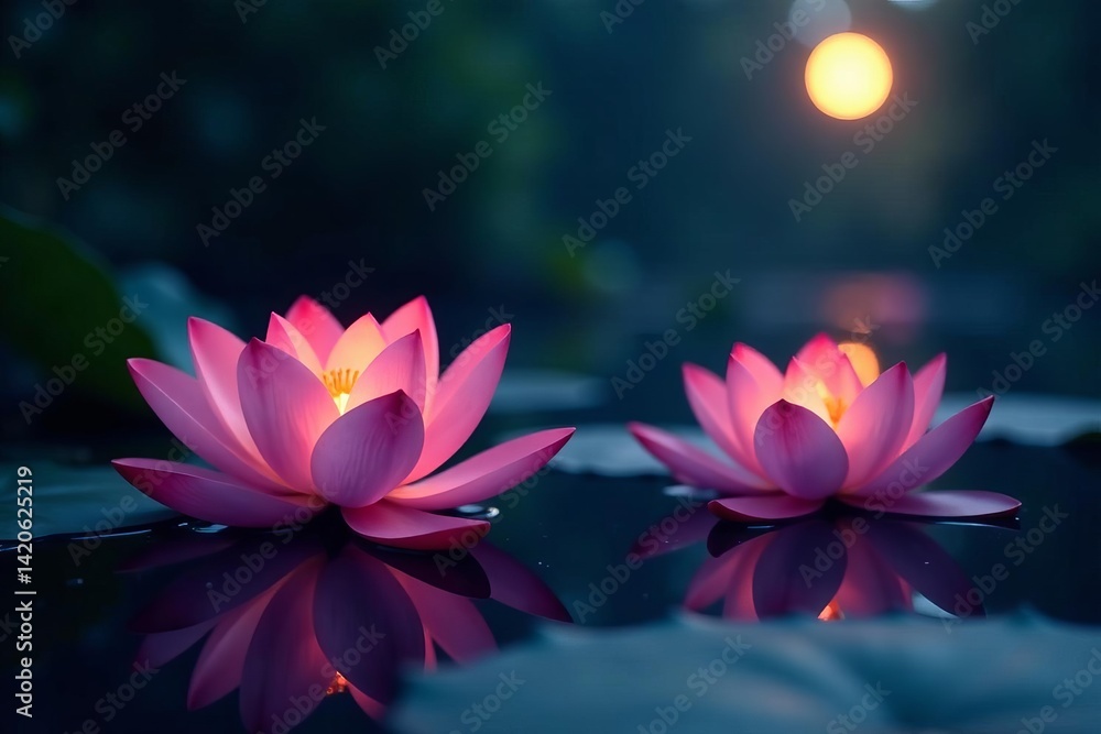 Illuminated lotus flowers floating in a dark pond under the moonlight, Zen, beautiful, nature Illuminated lotus flowers floating in a dark pond under the moonlight, Zen, beautiful, nature