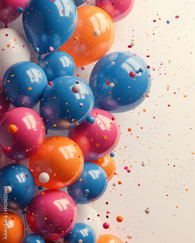 Colorful Glossy Balloons with Confetti – Celebration and Party Background Concept