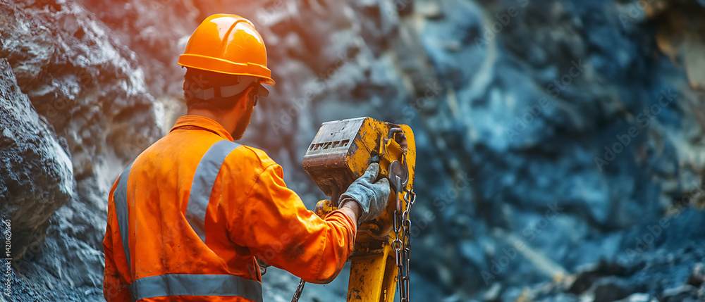 Mining worker operating a drill rig for rock excavation at excavation site. Featuring drilling operation and rock excavation