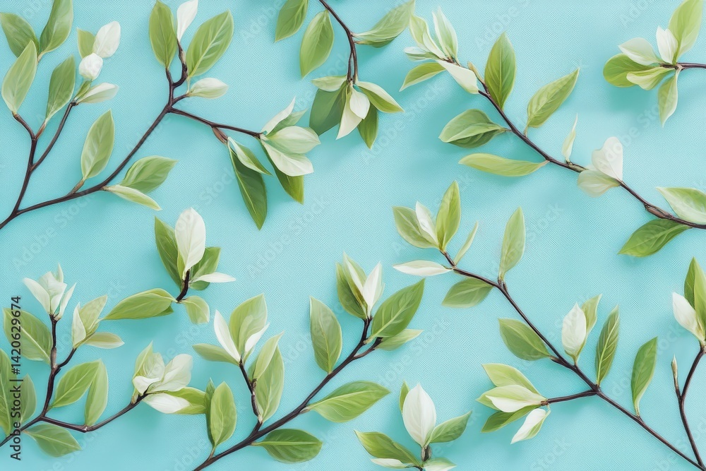 Delicate spring branches with leaves arranged on a light blue background. Delicate spring branches with leaves arranged on a light blue background.