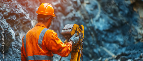 Obraz na płótnie Mining worker operating a drill rig for rock excavation at excavation site. Featuring drilling operation and rock excavation w salonie