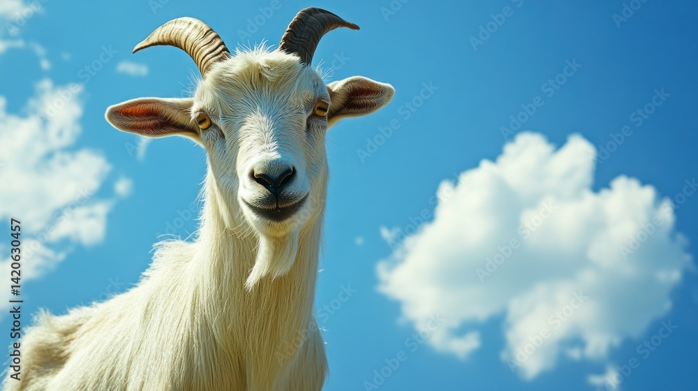 Naklejka premium Smiling goat portrait, sunny sky, farm background, animal stock photo