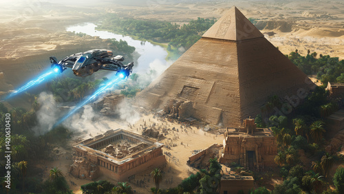 Futuristic spaceship hovering over ancient Egyptian pyramid by Nile
