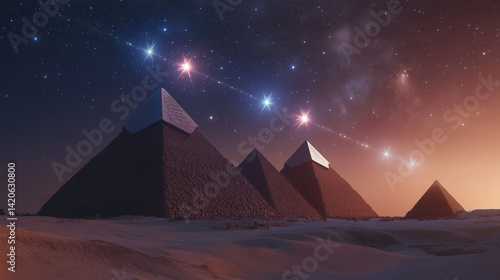 Ancient pyramids aligned with Orion constellation in mystical desert night  
