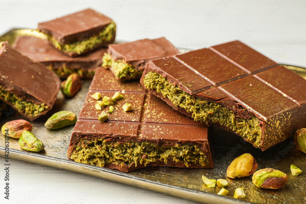 Pieces of Dubai chocolate bars with pistachios and knafeh on white table, closeup