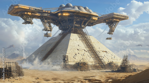 Alien spaceship constructing futuristic pyramid in desert under cloudy sky  
