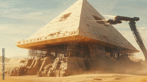 Futuristic pyramid with robotic arms under construction in ancient desert ruins  
