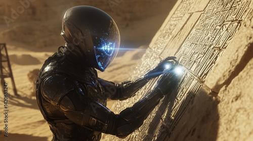 Futuristic explorer decoding ancient symbols on pyramid