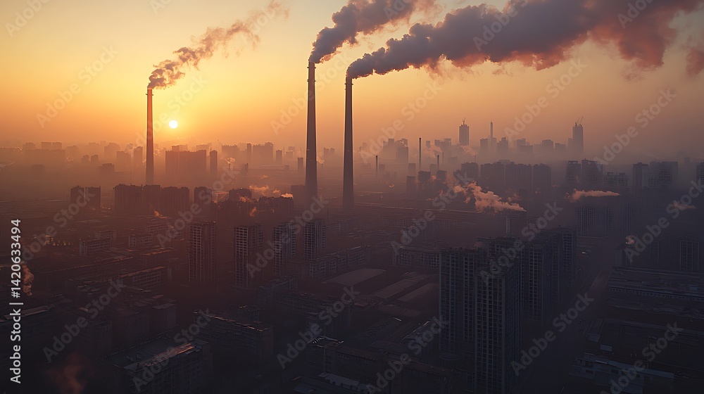 Obraz premium Sunrise over Industrial Cityscape: Pollution and Urban Development at Dawn