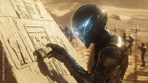 Futuristic being decoding ancient hieroglyphs in desert ruins with high-tech visor  
