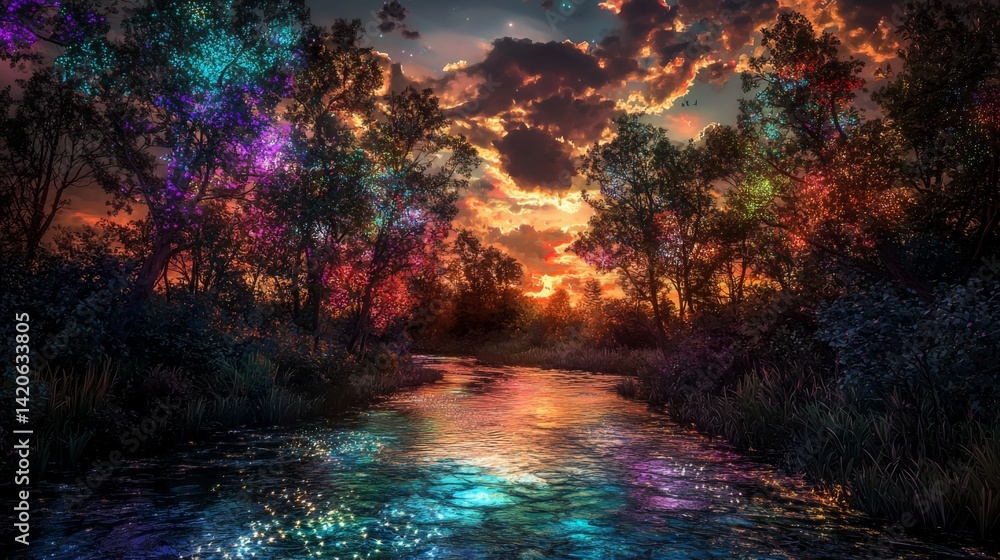 surreal fantasy forest with iridescent trees and a sparkling river, glowing under a magical sunset sky filled with vibrant colors and ethereal light surreal fantasy forest with iridescent trees and a sparkling river, glowing under a magical sunset sky filled with vibrant colors and ethereal light