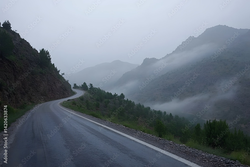 Naklejka premium Misty Mountain Road Winding Through Foggy Valley