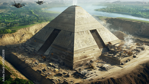 Futuristic pyramid with ancient symbols under construction in lush desert valley  
