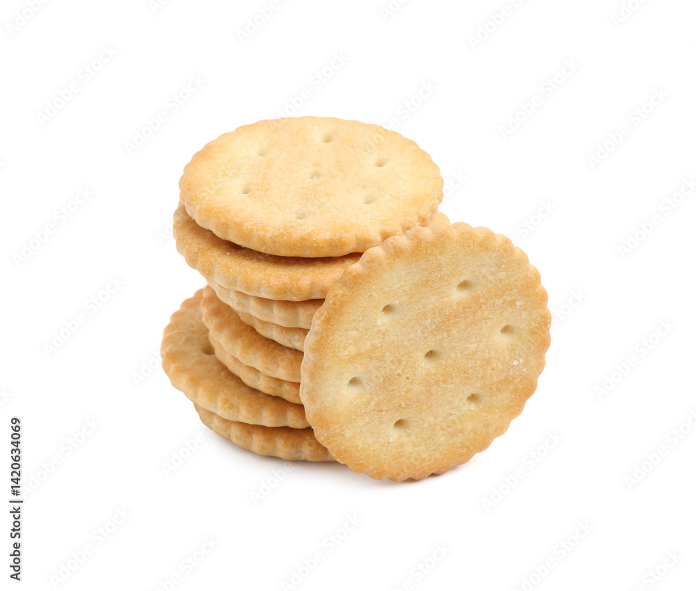Stack of tasty salty crackers isolated on white Stack of tasty salty crackers isolated on white