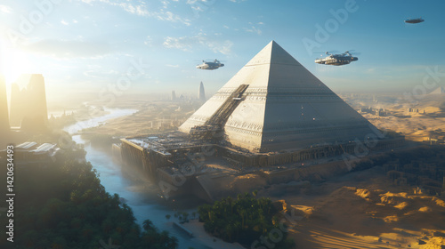 Massive futuristic pyramid under construction near river in advanced desert city  
