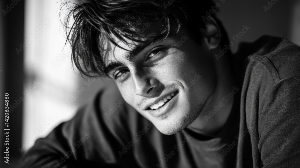 Handsome young man with charming smile and stylish hair looks towards the camera in black and white Handsome young man with charming smile and stylish hair looks towards the camera in black and white