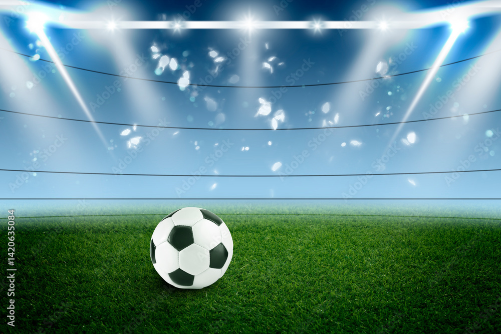 Naklejka premium Soccer ball on green grass at football stadium, space for text