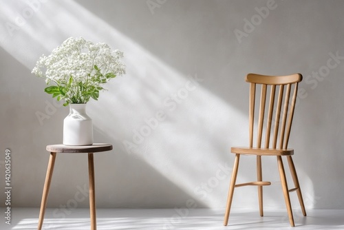 Simple, sunlit room with wooden chair and vase of flowers
