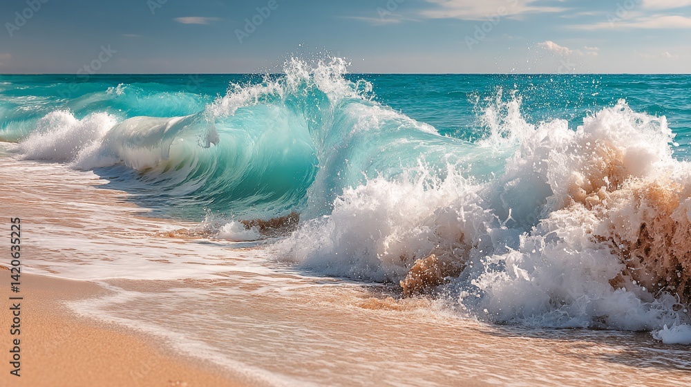 Fototapeta premium Azure wave crash on sandy shore