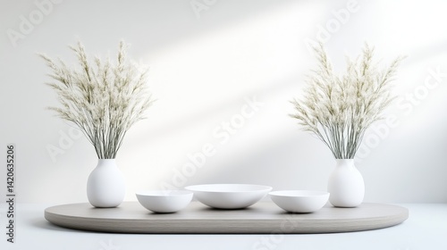 Minimalist, serene arrangement on a wooden tray.  Two vases with dried grasses, a set of white bowls