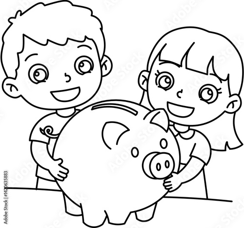 Piggy Bank with Happy Kids Saving Money