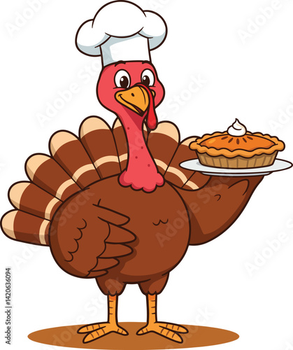Cartoon Turkey Chef Holding Pumpkin Pie